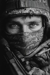 Poster - A person dressed in camouflage clothing holds a rifle, ready for outdoor adventure