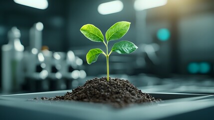 Poster - Vibrant green seedling nurtured within a pristine laboratory setting amidst a backdrop of sleek scientific equipment
