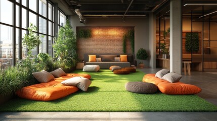 Poster - This inviting lounge area showcases a lush green carpet, scattered orange cushions, and abundant plants, illuminated by warm daylight streaming through large windows