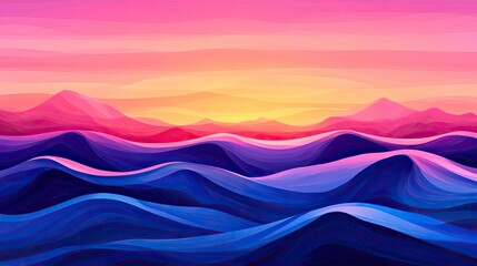 Poster - Seascape abstract background idea. A vibrant sunset over rolling waves in shades of pink and blue, creating a serene view.