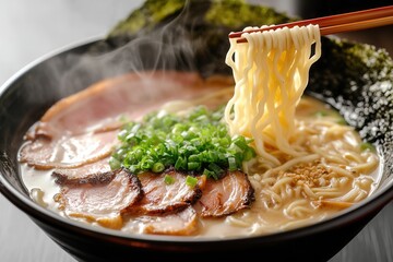 Aufkleber - Steaming bowl of ramen garnished with pork, seaweed, and green onions served with chopsticks