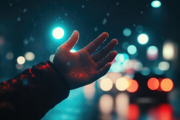 Poster - A person holds their hand out into the rain, waiting for something