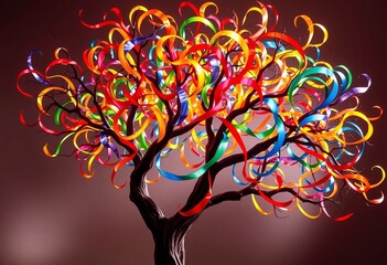 Aufkleber - Vibrant Tree Abstract Art With Swirling Branches. Colorful Ribbons Dance In An Intertwined Display. Whimsical Design Against A Soft Background. An Image Full Of Movement.