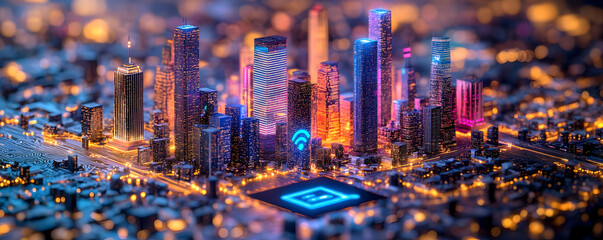 Poster - Smart city on chip, night lights. Future tech