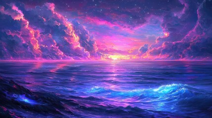 Poster - Seascape abstract background idea. A spectacular sunset over the ocean with vibrant colors reflecting in the water.