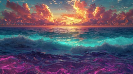 Poster - Seascape abstract background idea. Vibrant sunset over tranquil ocean waves with colorful clouds and serene atmosphere.