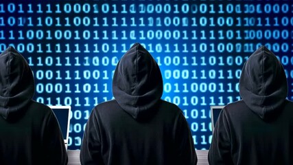 Hackers working on computers, binary code background, cybersecurity concept