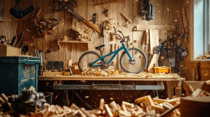 Poster - A bicycle sits on a workbench in a well-equipped workshop, ideal for repair or maintenance