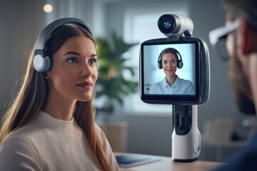 Poster - Two women in a digital meeting via a telepresence robot, showcasing advanced communication technology, enabling remote collaboration and virtual presence in a modern workplace environment.