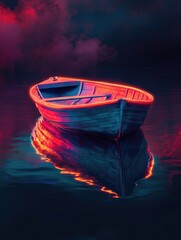 Poster - A single boat floats on the surface of a body of water, with calm surroundings