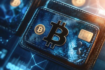 Poster - a close-up of a digital wallet displaying the bitcoin symbol with an embedded chip and circuit board