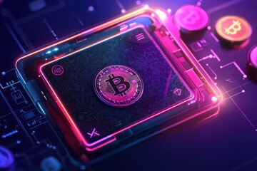 Poster - futuristic bitcoin display showing blockchain data on a digital device with neon lights, highlightin
