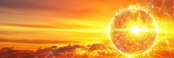 Poster - Abstract Sun Energy Source with Lines, Dots, and Triangles Connection on Digital Yellow Background