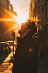Poster - A person smoking a cigarette on a busy urban street