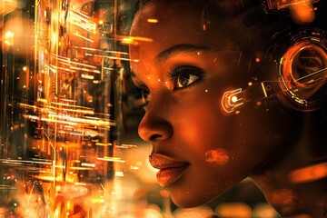Poster - A striking portrait of a woman with augmented reality interface, creating a futuristic vision of technology and human connection, with glowing digital elements.