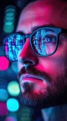 Poster - Close-up of a focused man with glasses reflecting vibrant data visuals