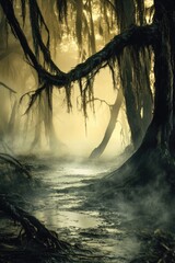 Poster - Dense fog fills a forest with tall trees