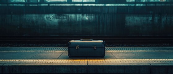 Poster - A suitcase sitting on a platform at a train station