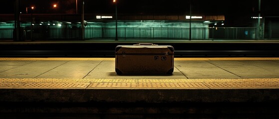 Poster - A suitcase sits on a luggage platform at a train station, awaiting travel