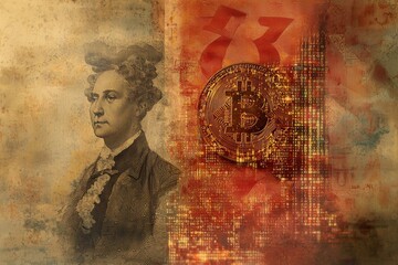 Poster - An artistic rendering of Alexander Hamilton and Bitcoin, symbolizing the evolution of finance from traditional systems to digital currency on a textured background.
