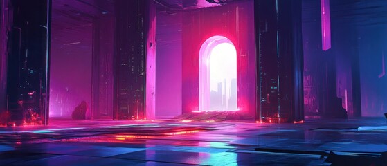 Poster - Futuristic neon-lit corridor with glowing archway and vibrant reflections