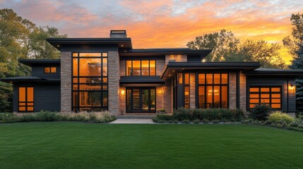 Poster - Stunning architecture highlights this modern home, as warm sunset hues reflect off large windows. Lush greenery surrounds the inviting entrance, creating a tranquil atmosphere