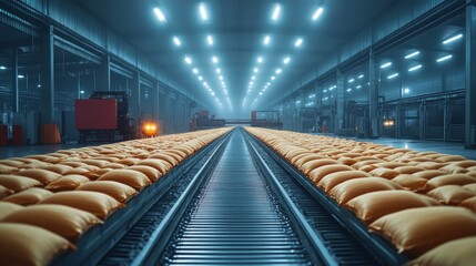 Poster - Conveyor belts transport rows of yellow bags filled with processed material inside an industrial facility, featuring advanced automation technology and dim lighting.