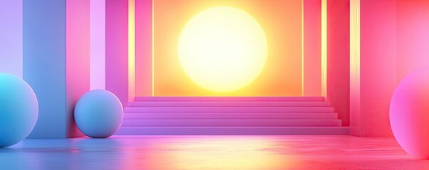 Poster - Pastel color illustration abstract background idea. A vibrant abstract scene featuring colorful spheres and a glowing sun.