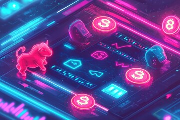 Poster - A vibrant neon illustration of futuristic financial trading with bull market symbol, dollar coins, charts, and trading helmets, signifying the cutting-edge digital economy and investment trends.