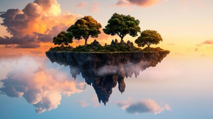 Poster - Vibrant color art abstract background concept. A serene floating island with trees, reflecting in calm water at sunset.