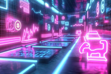 Poster - Neon-lit cryptocurrency and finance metaverse corridor with digital data, glowing charts, and virtual currency symbols, portraying a futuristic and innovative financial landscape.