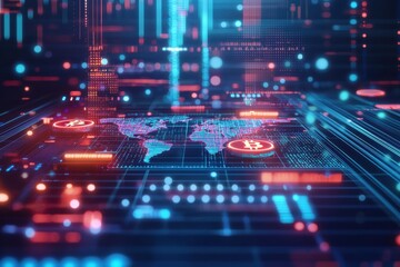 Poster - Futuristic bitcoin world map with digital data streams, symbolizing cryptocurrency, global finance, blockchain technology, and the future of digital economy in interconnected networks.