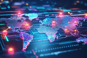 Poster - a digital world map with glowing connections representing global communication and data transfer, de