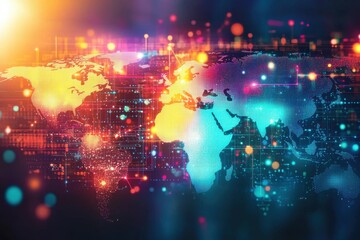 Poster - vibrant digital world map with global network connections, representing international data transfer,