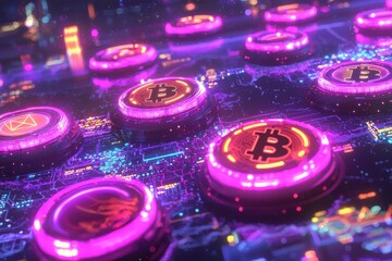 Poster - Neon-lit Bitcoin and altcoin landscape with glowing tokens on a circuit board, highlighting digital currency, blockchain technology, and futuristic finance trends.