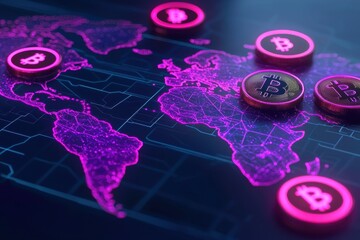 Poster - Digital representation of the world map overlaid with glowing Bitcoin tokens, symbolizing decentralized finance and global cryptocurrency adoption, technological advance.