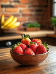 Aufkleber - Fresh strawberries arranged in a bowl on rustic wooden table in charming kitchen with brick walls and vibrant fruit in the background