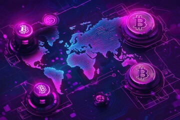 Poster - Futuristic world map with Bitcoin symbols showcasing global cryptocurrency adoption and digital finance transformation, with a neon color scheme illustrating technology leadership.