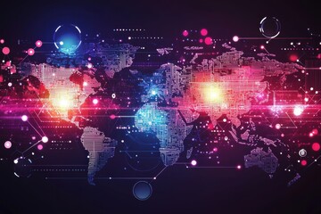 Poster - abstract world map with circuit board design and glowing connections, representing global digital ne