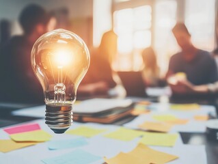 Poster - A glowing light bulb symbolizes innovative ideas during a collaborative brainstorming session in a modern office, with blurred colleagues discussing