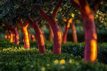 Poster - A serene grove of glowing manzanita trees with their striking red bark illuminated by the setting sun, amidst lush green foliage, creating a mystical woodland scene.