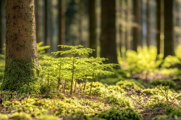 Poster - Sunlit forest floor with young saplings growing amidst mossy ground cover, creating a peaceful and natural scene, with tall trees in background.