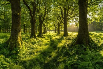 Poster - A peaceful pathway through a vibrant green forest, bathed in warm sunlight, creating a serene and enchanting natural landscape with lush trees and foliage.