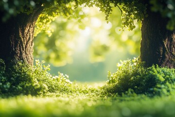 Poster - Enchanting forest opening with sunlight streaming through the leaves, creating a magical and serene atmosphere for relaxation and connecting with nature.