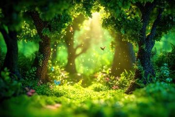 Poster - Enchanting forest scene with magical butterflies and sunlit glade, inviting viewers into a serene and whimsical world filled with natural beauty and tranquility.