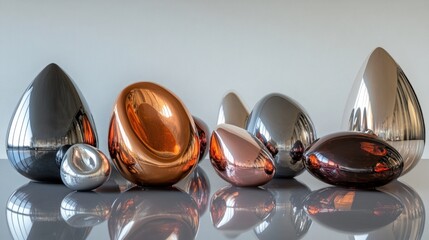 Poster - Reflective abstract sculptures in various metallic colors on display