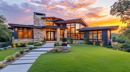 Poster - Sunset casts vibrant hues over a contemporary home featuring stone and glass elements. Lush green lawn and meticulous landscaping enhance the tranquil atmosphere of this picturesque residence
