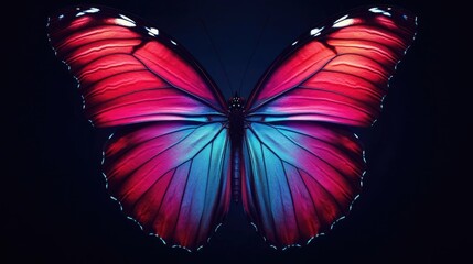 Poster - Vibrant color art abstract background concept. A vibrant butterfly with stunning pink and blue wings against a dark backdrop.