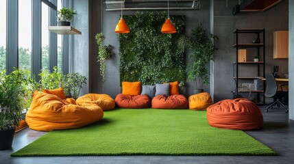 Poster - Brightly colored bean bags surround a lush green carpet, creating a welcoming atmosphere in a contemporary workspace. Natural light filters through large windows, enhancing comfort