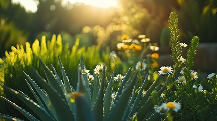 Wall Mural - sun-kissed succulents and daisies, a garden's golden hour serenity